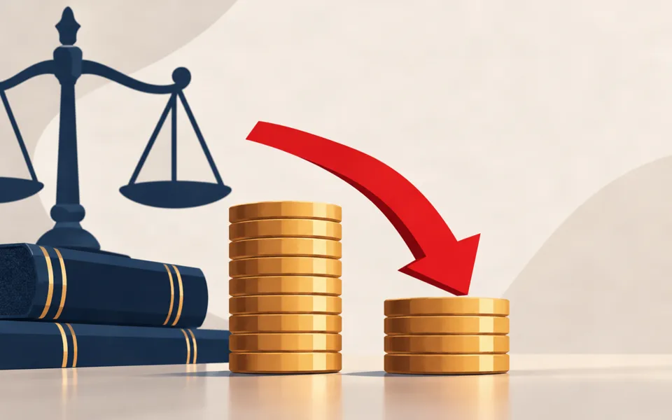 Ilustração de balança da Justiça, livros e moedas com seta indicando redução de custos